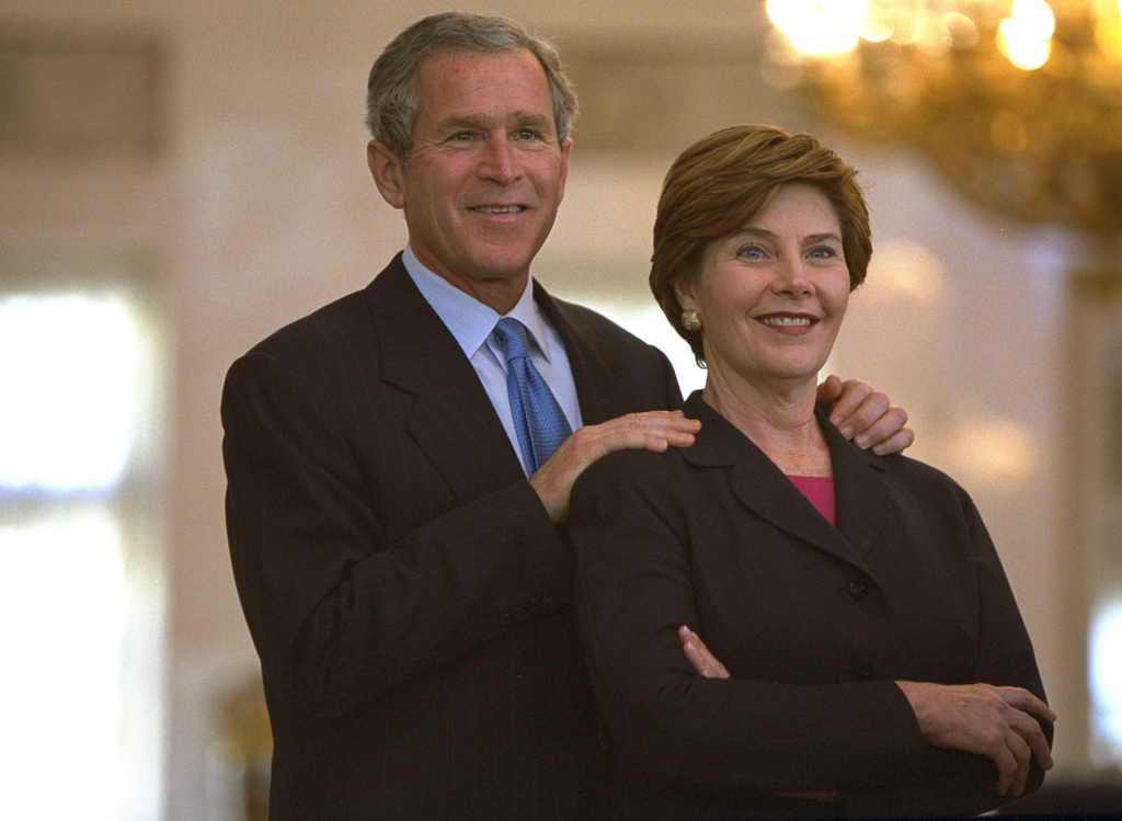 President George W. Bush and Mrs. Laura Bush pause during a tour of the Hermitage, May 25, 2002, in St. Petersburg, Russia. (P17847-31)