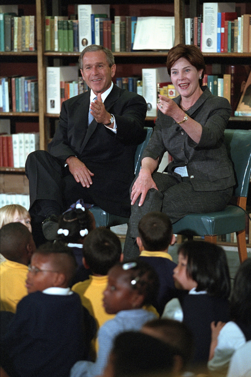President George W. Bush and Mrs. Laura Bush visit the reading room at the British Museum, July 19, 2001, in London, where they read The Legend of the Bluebonnet to British and American children. (P5345-16)