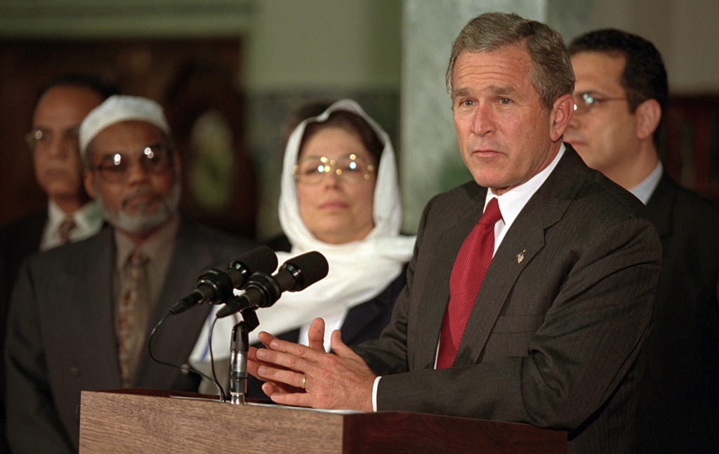 In the wake of the terrorist attacks of September 11, President George W. Bush delivers remarks discouraging anti-Muslim sentiment, September 17, 2001, at the Islamic Center of Washington, D.C. (P7454-11)