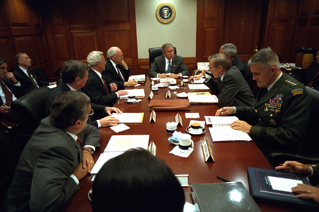 President George W. Bush meets with the National Security Council the morning of September 20, 2001, in the Situation Room of the White House. (P7588-26)