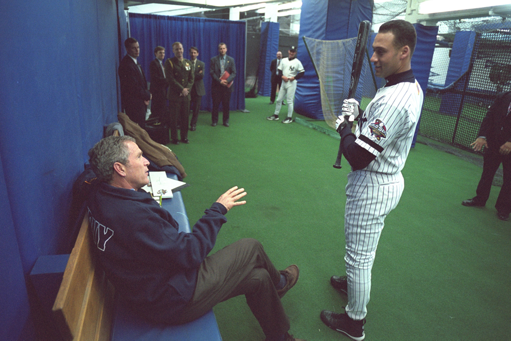 President George W. Bush talks with shortstop Derek Jeter, October 30, 2001, before throwing out the ceremonial first pitch in Game Three of the World Series. (P9153-19a)
