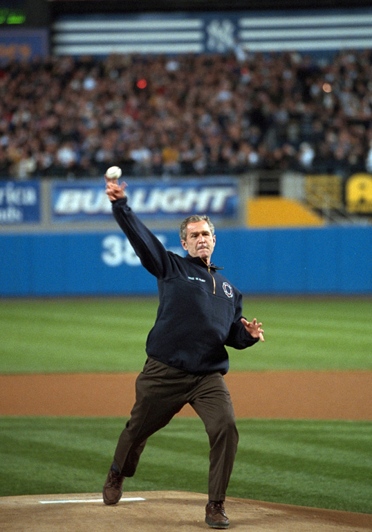 President George W. Bush throws out the ceremonial first pitch, October 30, 2001, at Yankee Stadium before Game Three of the World Series. (P9154-14)