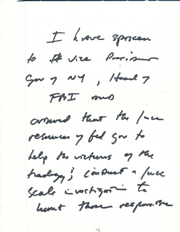 Notes written by President George W. Bush for the initial statement to the press after the terrorist attacks on September 11, 2001.