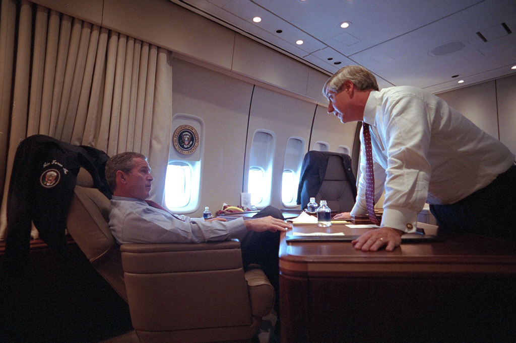 President George W. Bush speaks with White House Chief of Staff Andy Card, September 11, 2001, aboard Air Force One. (P7070-13)