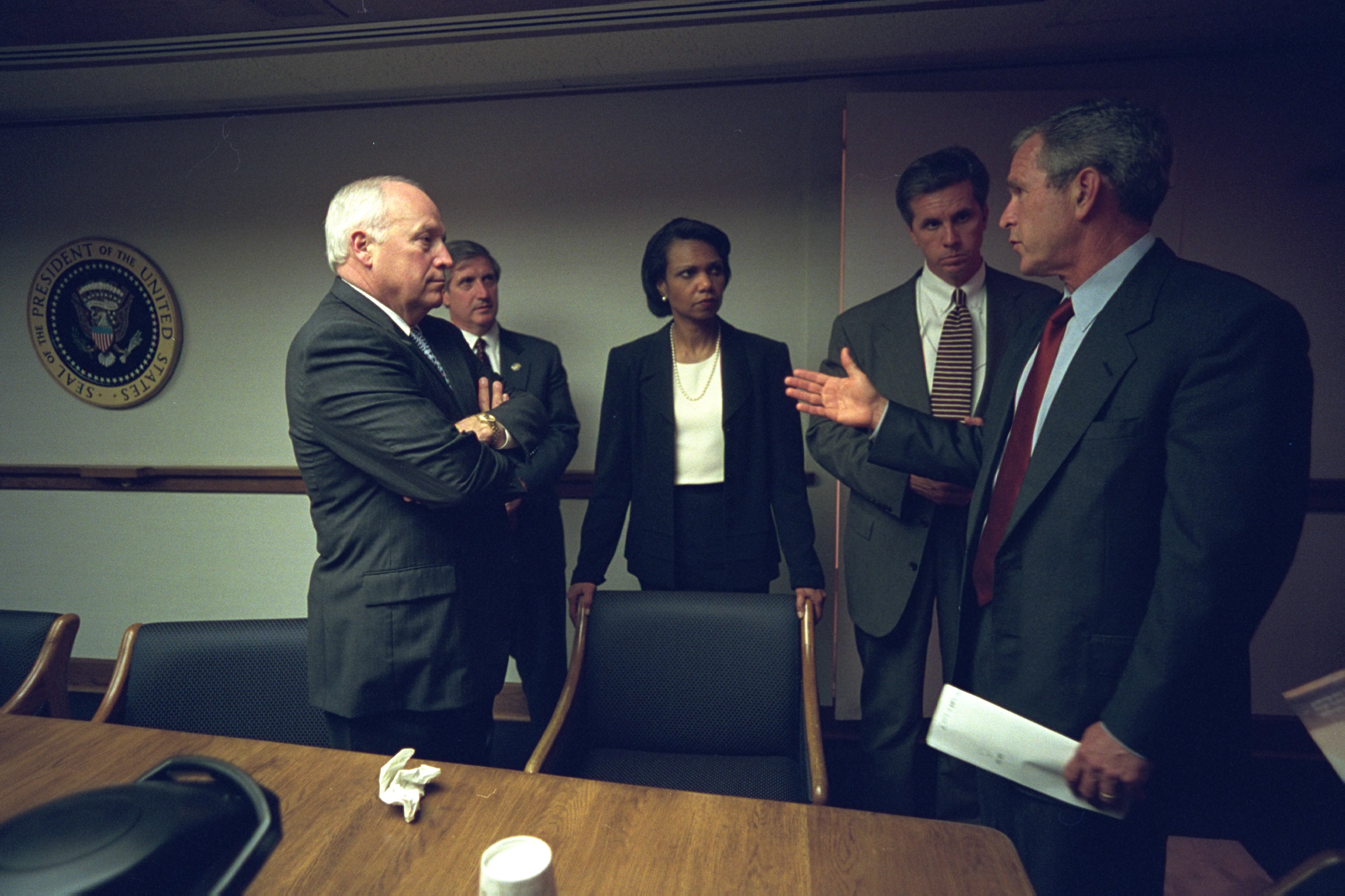 After returning to the White House, September 11, 2001, President George W. Bush meets with advisors in the Presidential Emergency Operations Center in the White House.
