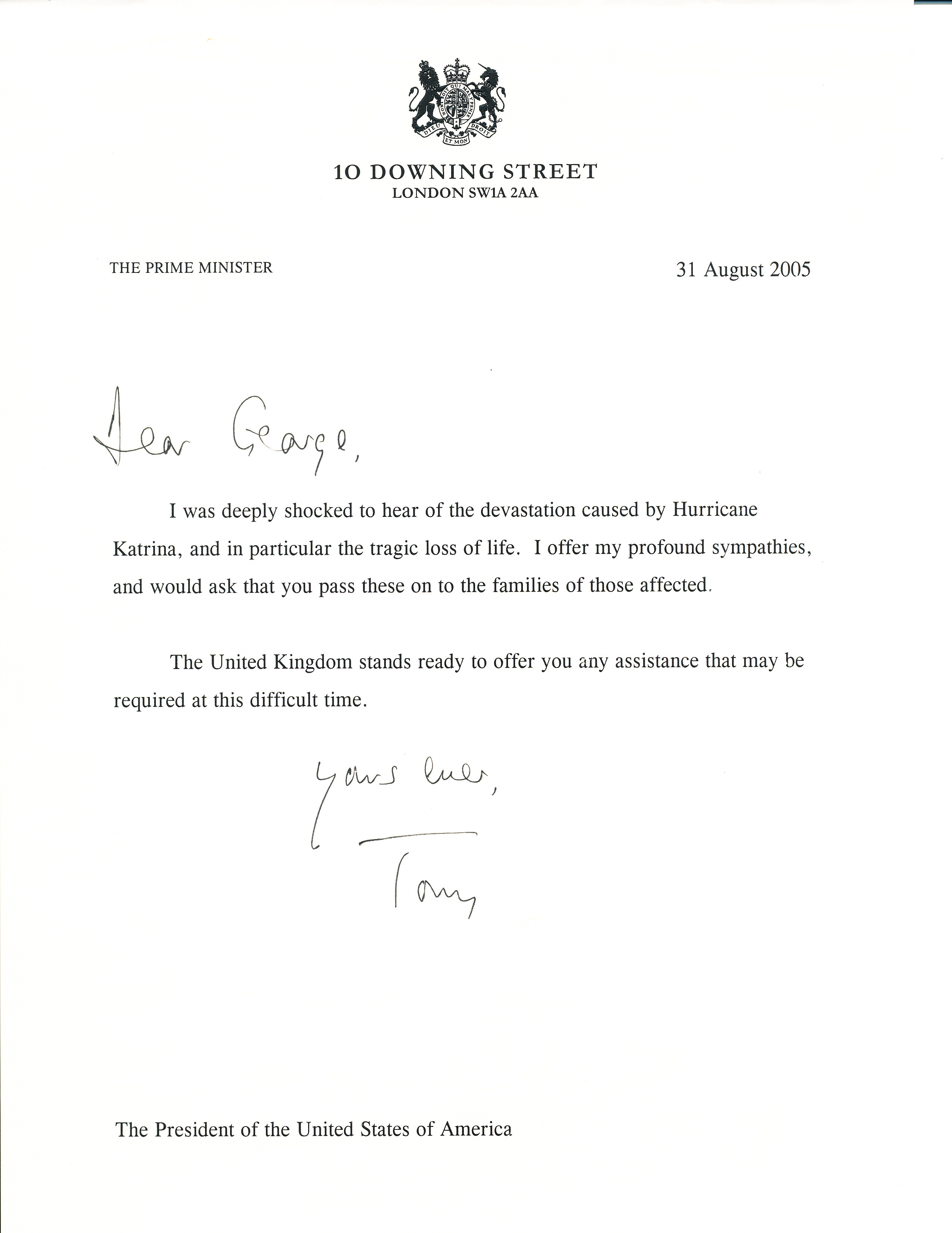 Letter dated August 31, 2005 from British Prime Minister Tony Blair to President George W. Bush expressing concerns regarding the devastation caused by Hurricane Katrina.