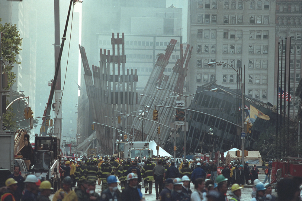 Photograph of destruction at Ground Zero on September 14, 2001.