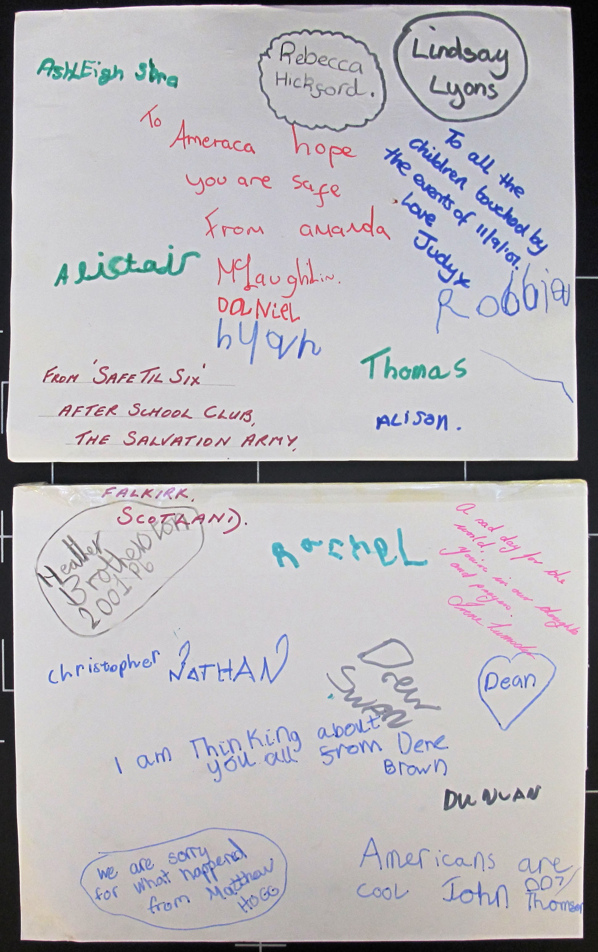 Messages of condolence from the "Safe Til Six" After School Club, The Salvation Army, Falkirk, Scotland. 2019.28.91