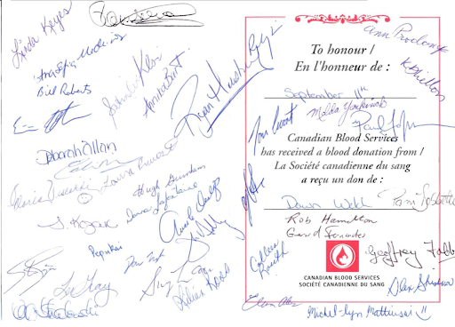 Throughout Canada hundreds of individuals and groups gave blood and donated money to the Canadian Blood Services as well as signing and sending in these postcards of support.