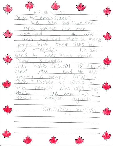 Canadian students of all ages sent in hundreds of letters and drawings in solidarity with America.  These are two examples.