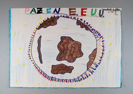 A child from the Republic of Chile expresses hope for peace in a drawing.