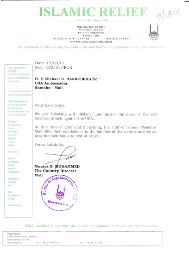 In this letter, the Country Director of Islamic Relief in the Republic of Mali mourns with the United States.