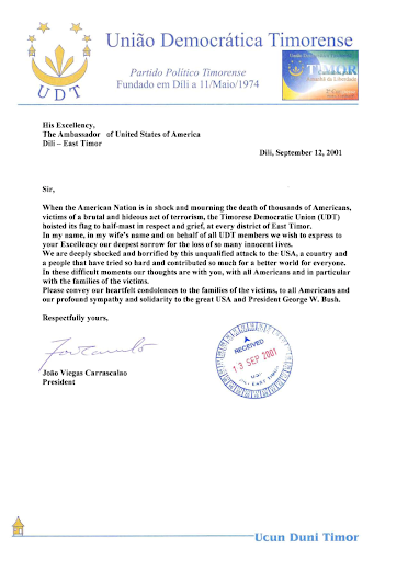 The President of the Timorese Democratic Union (became East Timor in 2003) expresses shock and sorrow in this letter.