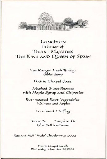 Luncheon menu honoring the King and Queen of Spain, November 24, 2004.
