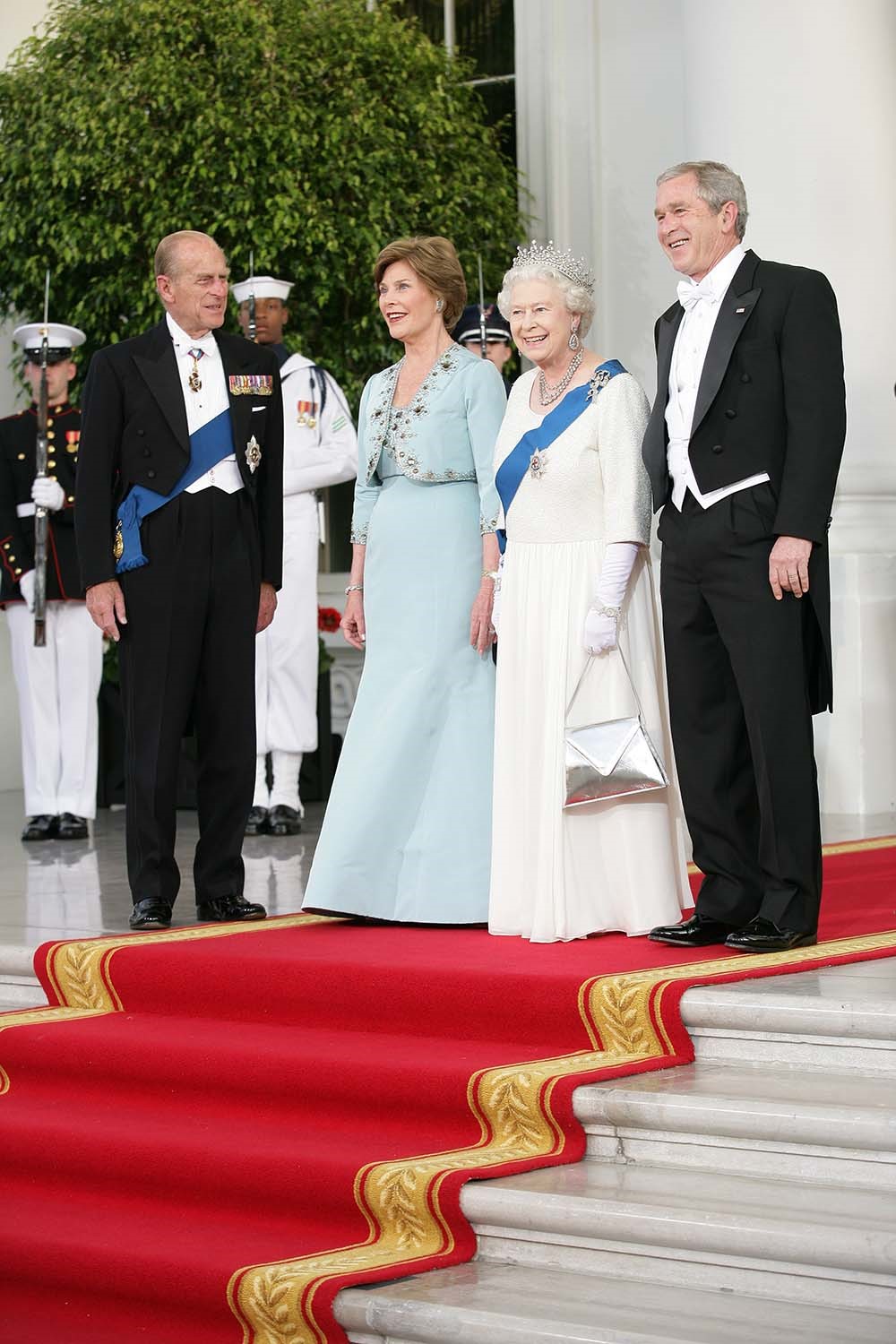 President George W. Bush and Mrs. Laura Bush Welcome Her Majesty Queen Elizabeth II and His Royal Highness The Prince Philip, Duke of Edinburgh to the White House, May 7, 2007.