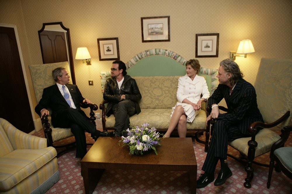 President George W. Bush, Bono, Mrs. Laura Bush and Bob Geldof, Far Right, Hold a Working Meeting on Africa at the G8 Summit in Gleneagles, Scotland