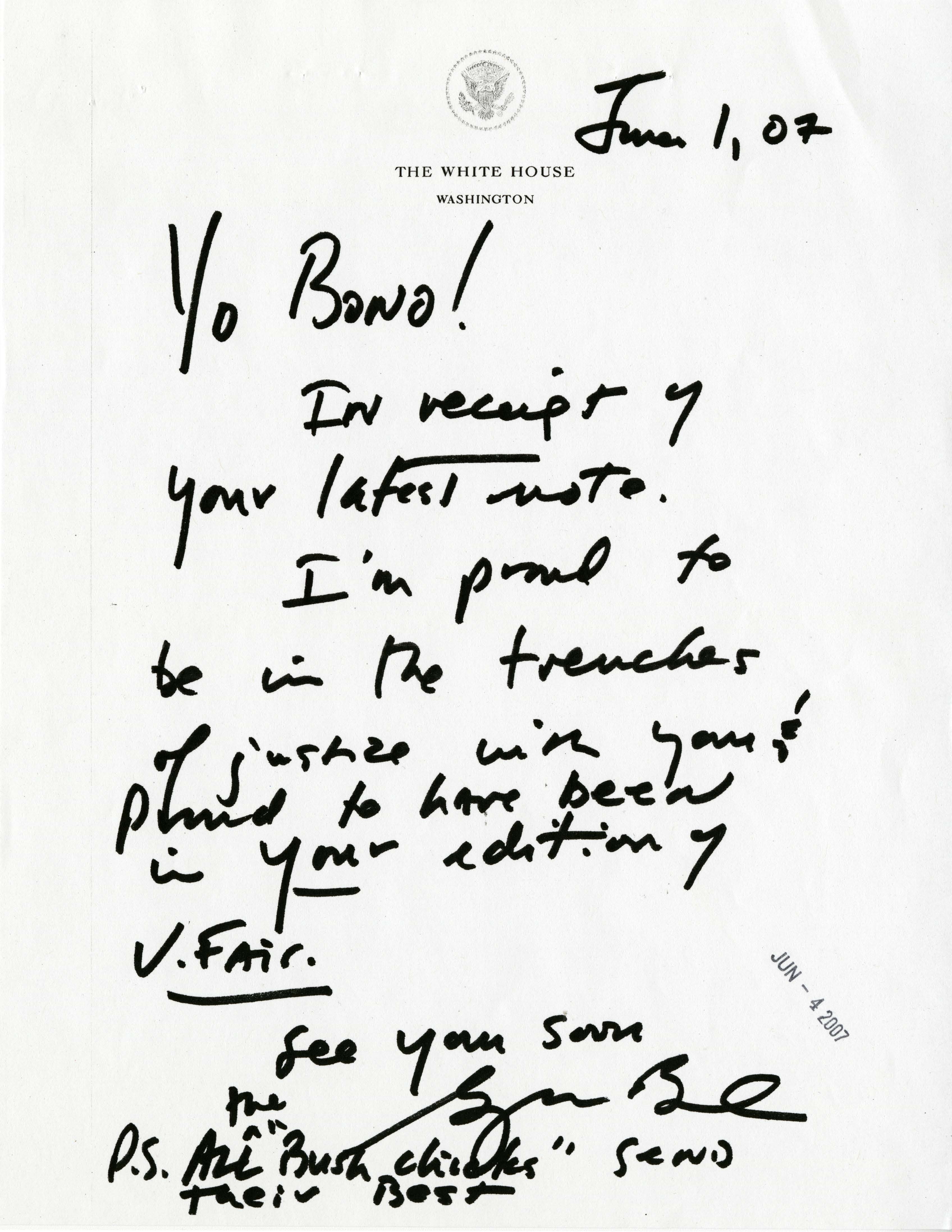 Letter from President George W. Bush to U2 singer Bono regarding the President's Emergency Plan for AIDS Relief (PEPFAR), June 1, 2007.
