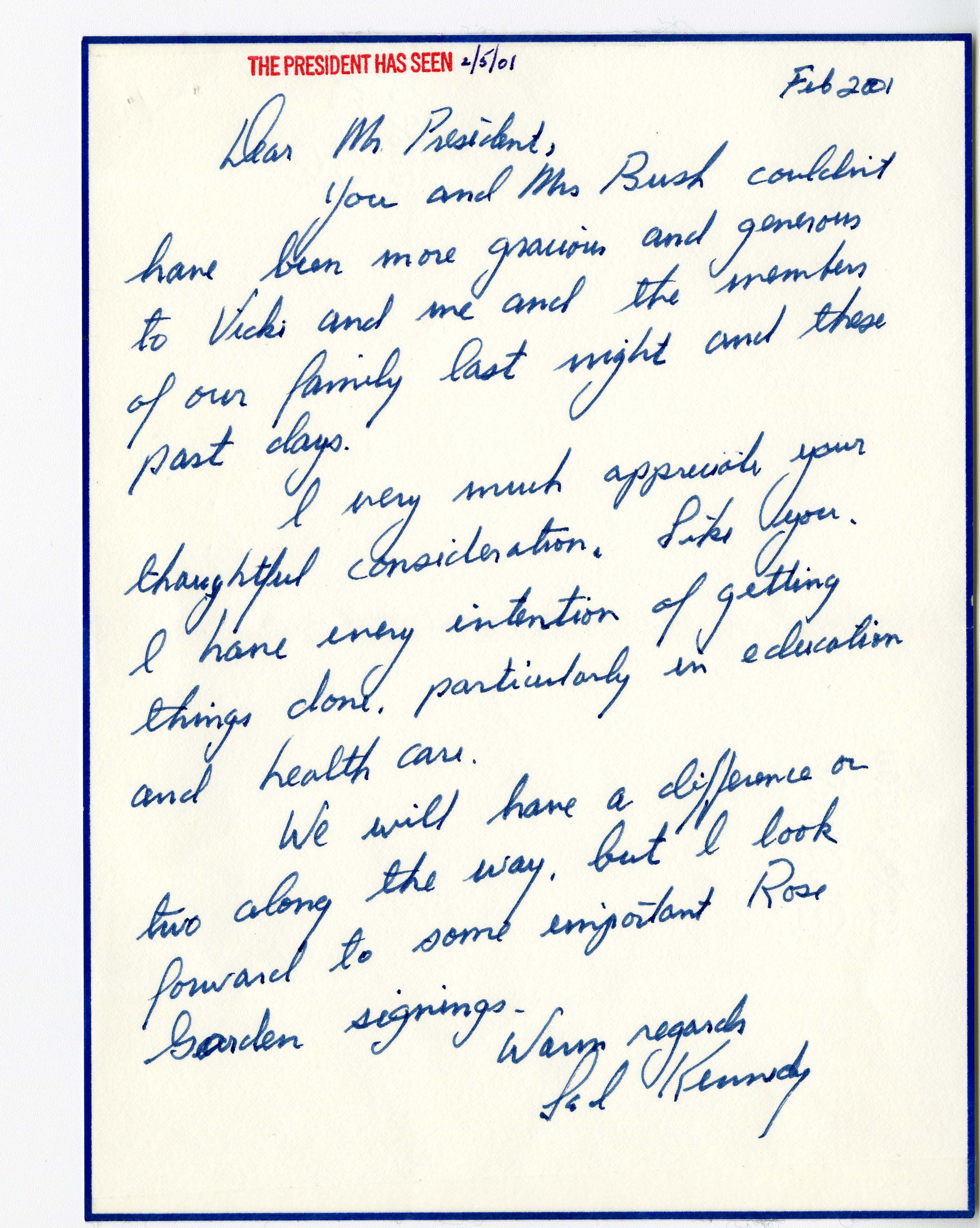 Handwritten Note to the President George W. Bush from Senator Ted Kennedy, February 5, 2001.