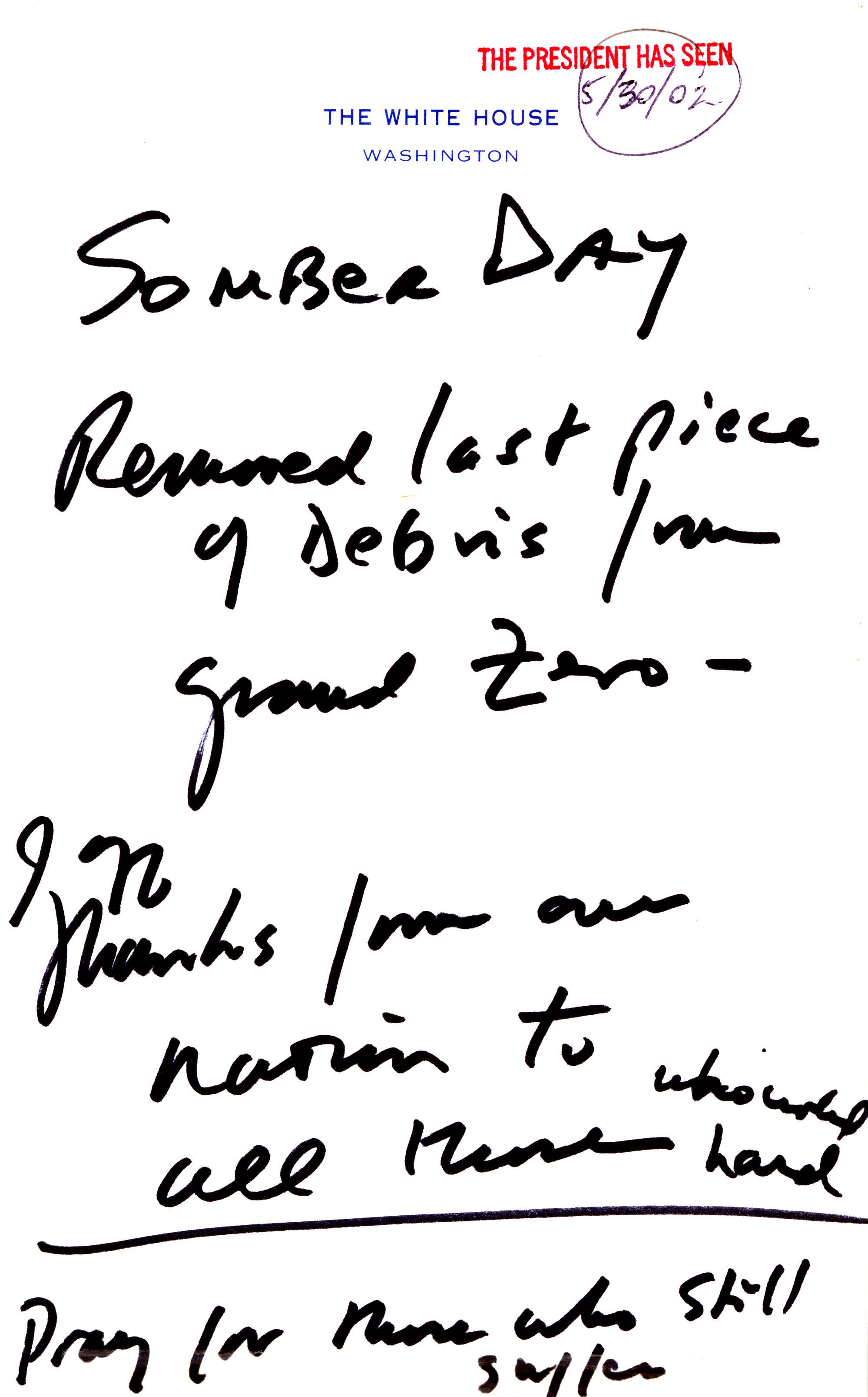 Handwritten notes from President George W. Bush, May 30, 2002.