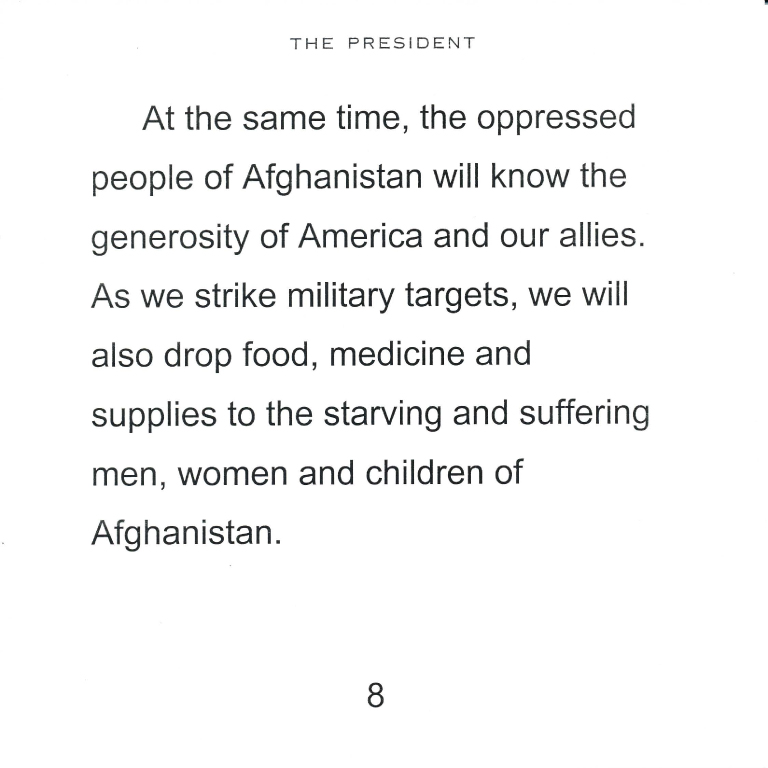 Select speech cards used by President George W. Bush to announce the invasion of Afghanistan, October 7, 2001.