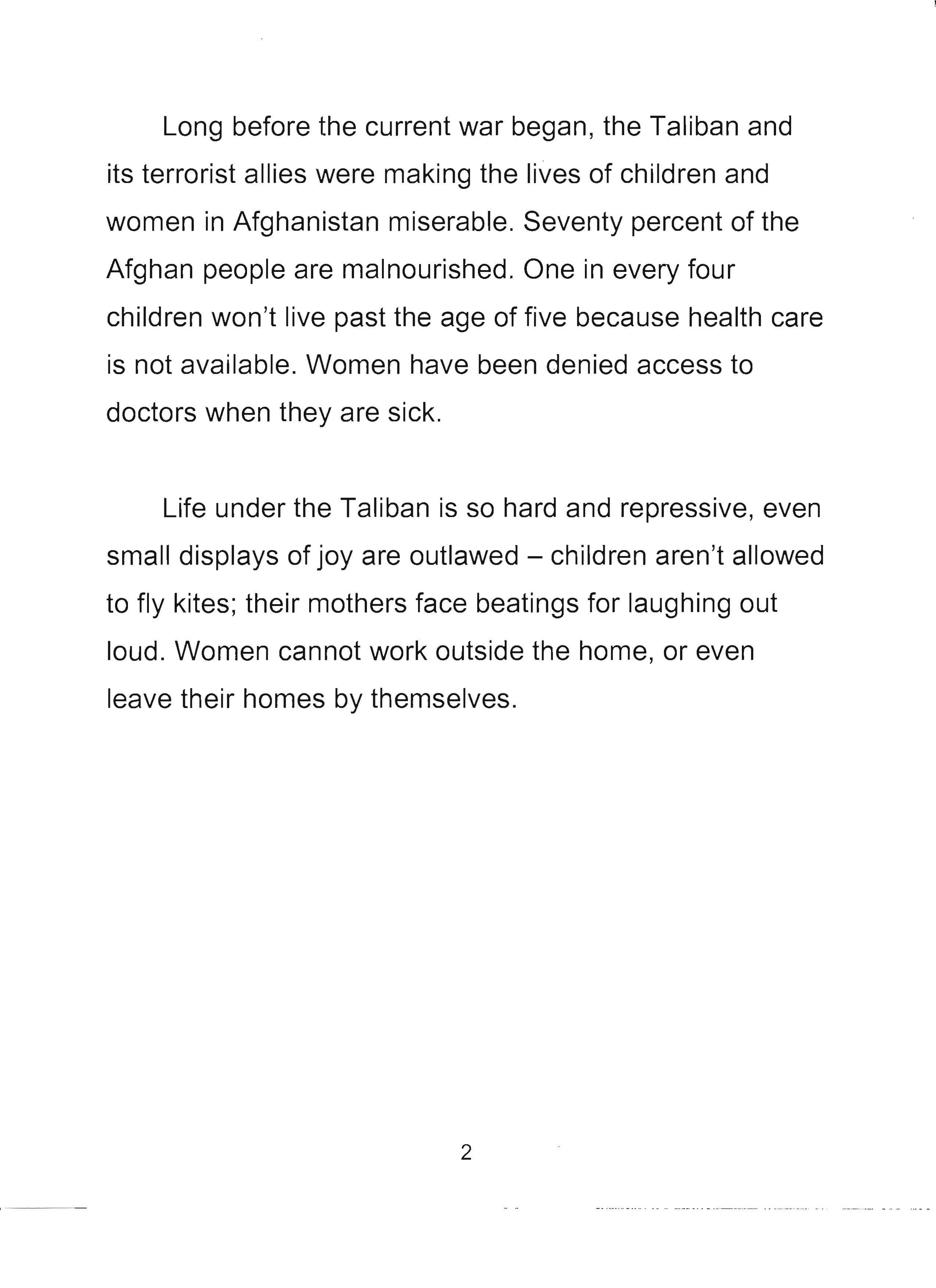 Statement used by First Lady Laura Bush to deliver a radio address on November 17, 2001 about the treatment of women and children by the Taliban in Afghanistan. (Page 2 of 5)