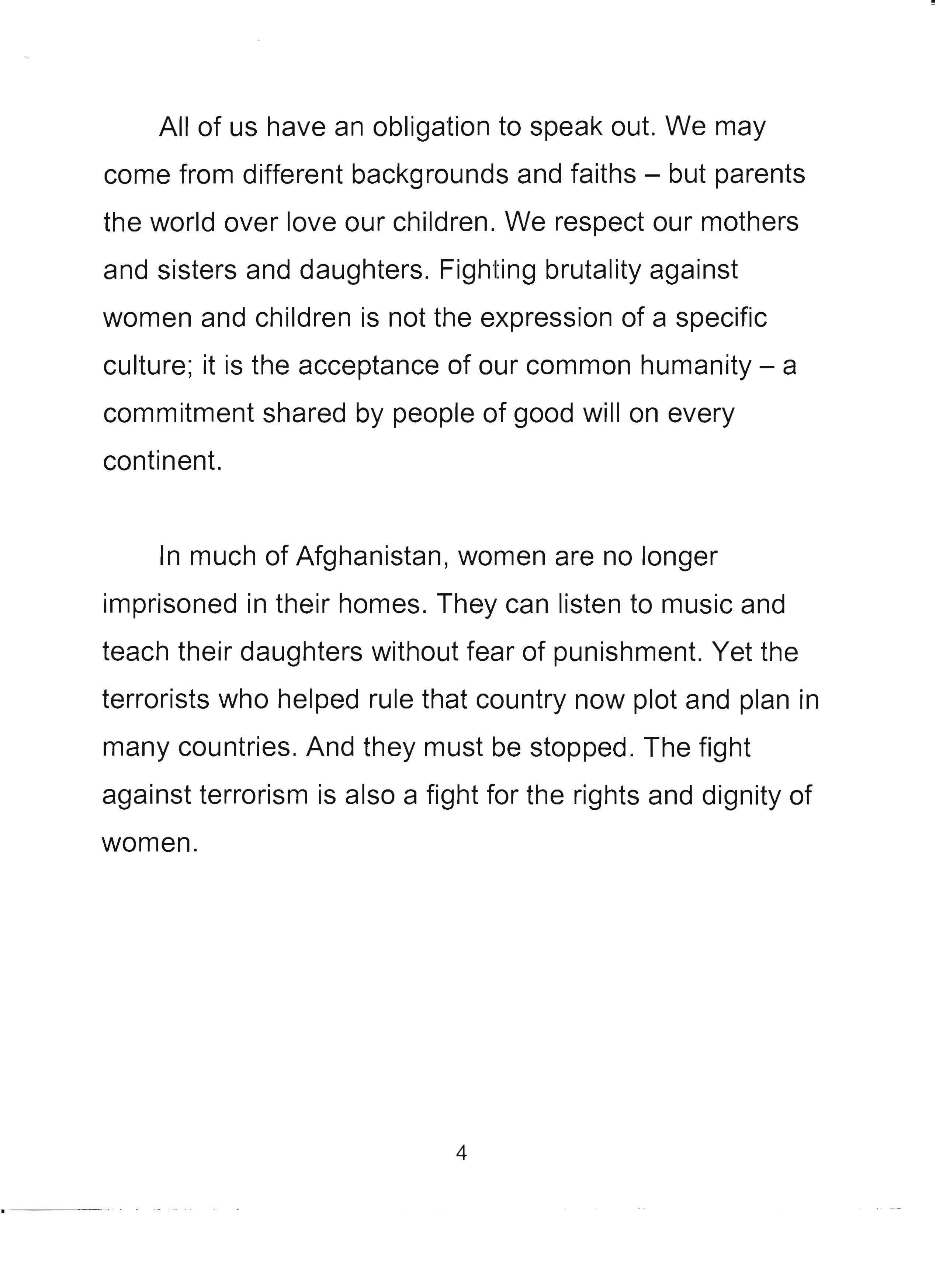 Statement used by First Lady Laura Bush to deliver a radio address on November 17, 2001 about the treatment of women and children by the Taliban in Afghanistan. (Page 4 of 5)