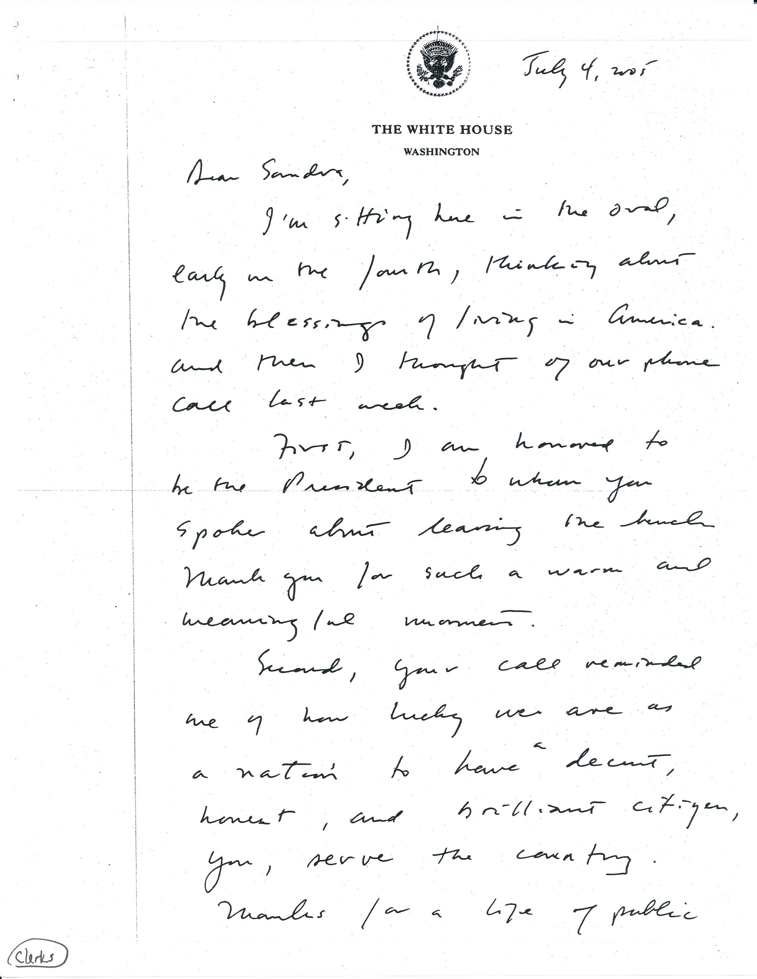 Handwritten letter dated July 4, 2005 to United States Supreme Court Justice Sandra Day O'Connor written by President George W. Bush upon receipt of her resignation. (Page 1 of 2)