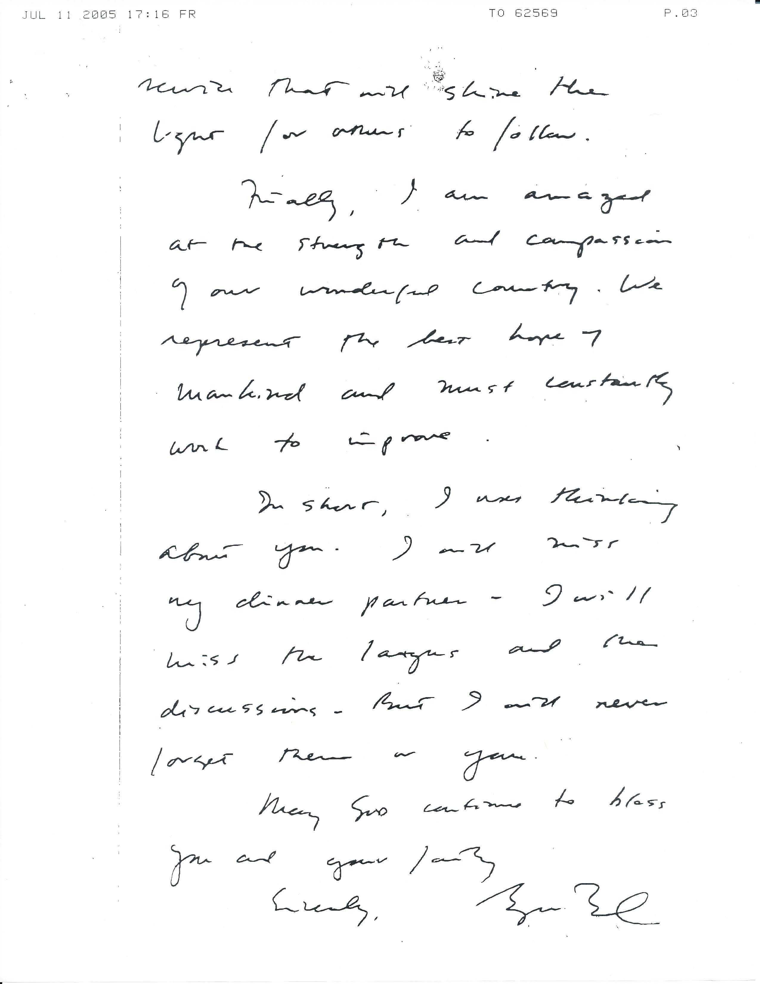 Handwritten letter dated July 4, 2005 to United States Supreme Court Justice Sandra Day O'Connor written by President George W. Bush upon receipt of her resignation. (Page 2 of 2)