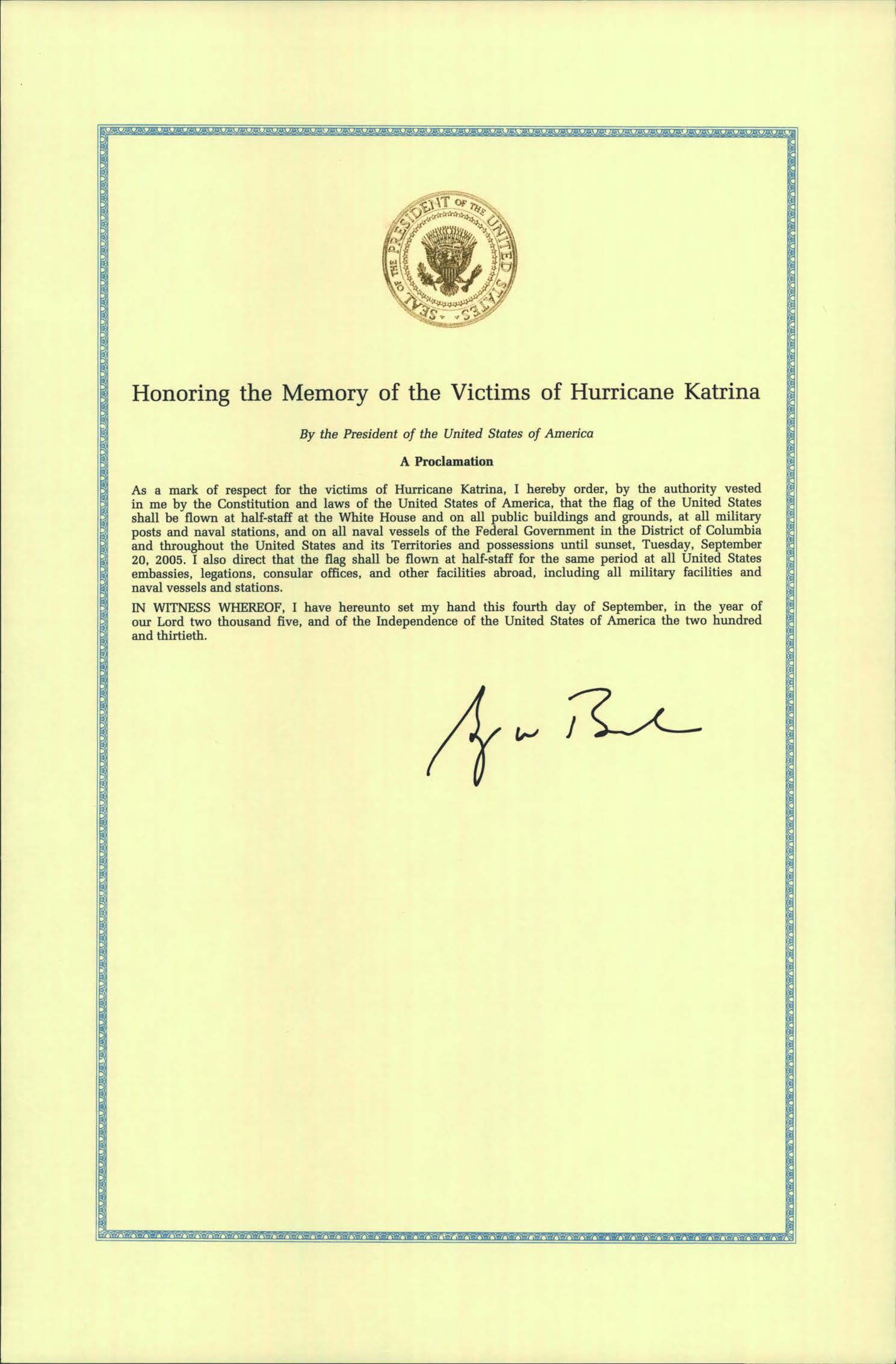 Proclamation honoring the memory of the victims of Hurricane Katrina on September 20, 2005.