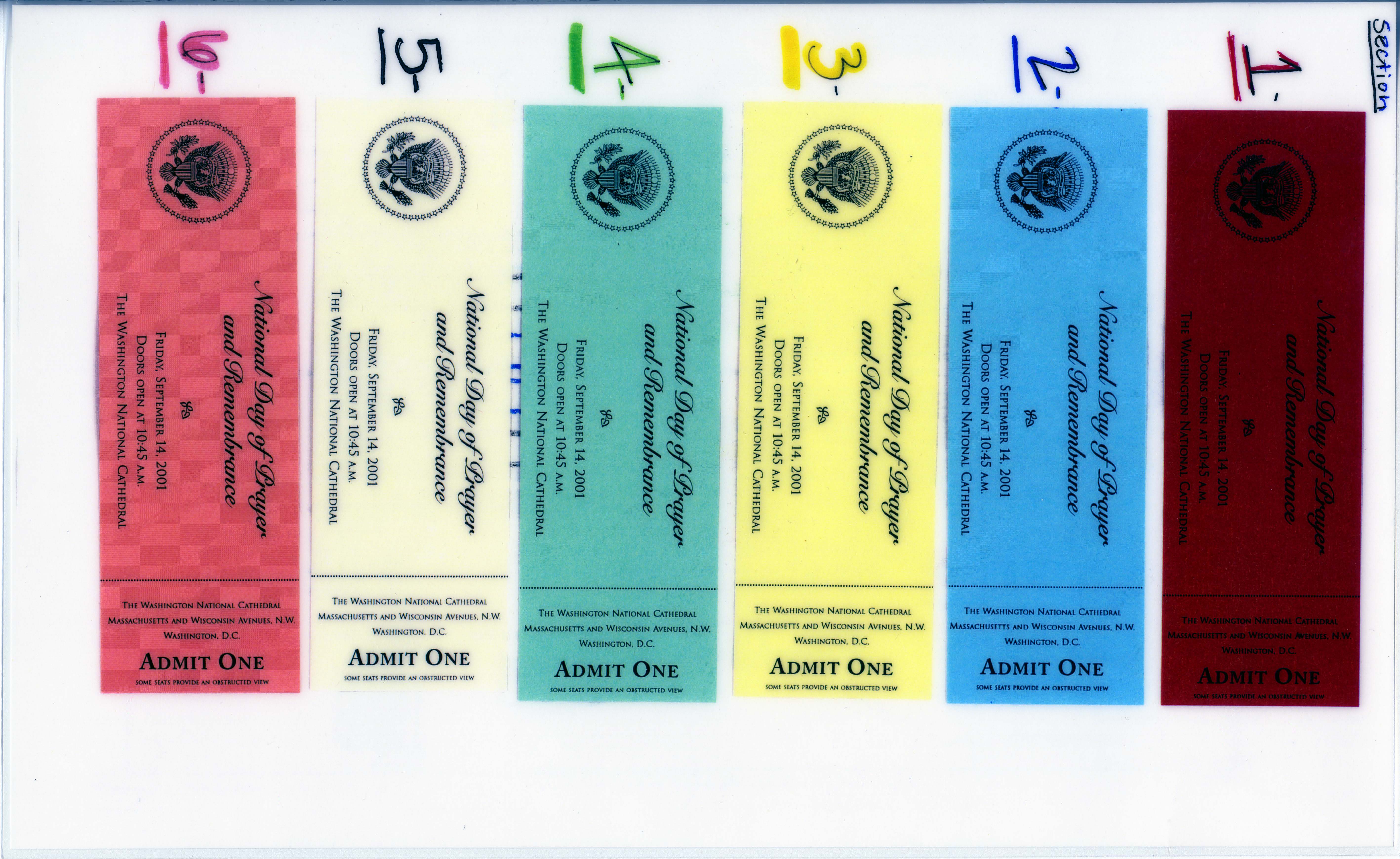 Seating chart and tickets from the National Day of Prayer and Remembrance service held at the Washington National Cathedral on September 14, 2001. (Page 2 of 2)