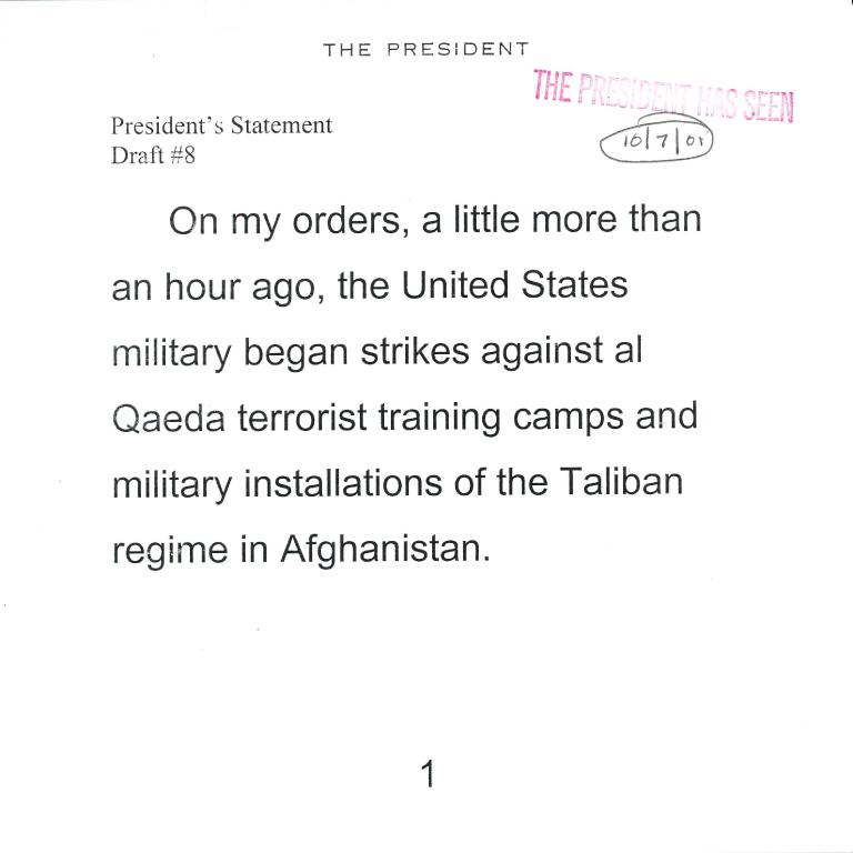 Select speech cards used by President George W. Bush to announce the invations of Afghanistan, October 7, 2001.
