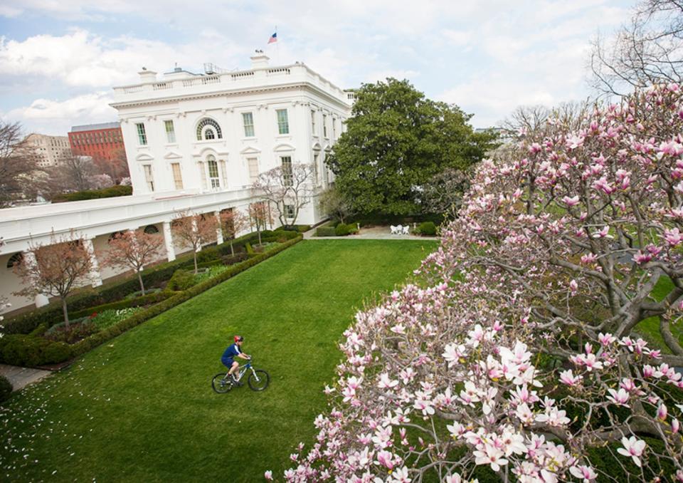 President Bush rides his bike through the White House Rose Garden on March 26, 2008.