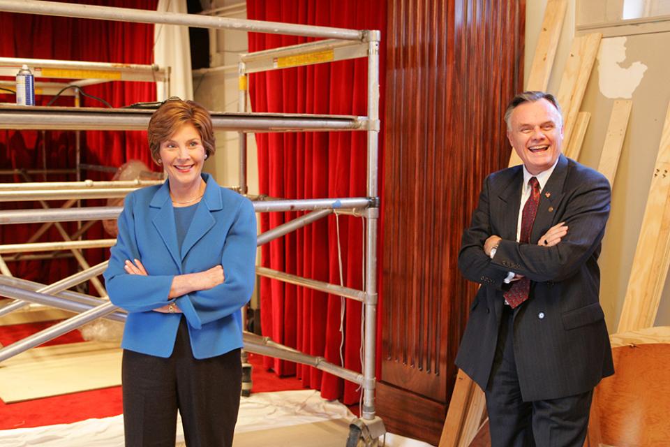 Mrs. Laura Bush Views Renovations of the White House Family Theater with Chief Usher Gary Walters