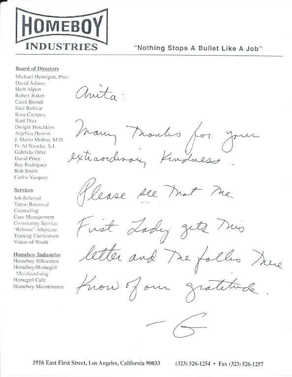 Letter dated November 3, 2005 to First Lady Laura Bush and her Chief of Staff Anita McBride from Homeboy Industries.