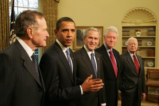 President George W. Bush Meets with Former Presidents George H. W. Bush, Bill Clinton and Jimmy Carter and President-Elect Barack Obama in the Oval Office on January 7, 2009.