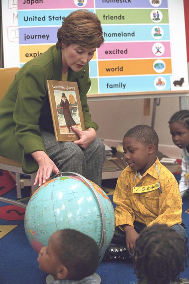 Mrs. Bush speaks to children at the South 17th Street Elementary School in Newark on October 16, 2001.
