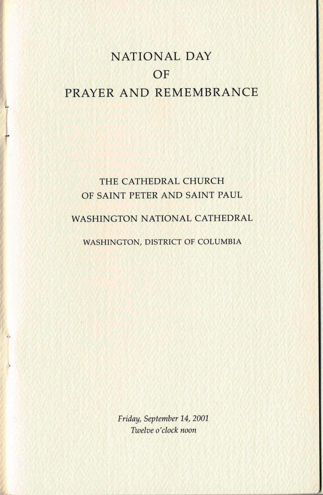 Program from the National Day of Prayer and Remembrance service held at the Washington National Cathedral on September 14, 2001.