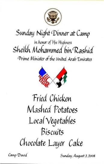 Menu for Dinner at Camp David in Honor of His Highness, Sheikh Mohammed bin Rashid, Prime Minister of the United Arab Emirates, August 3, 2008.