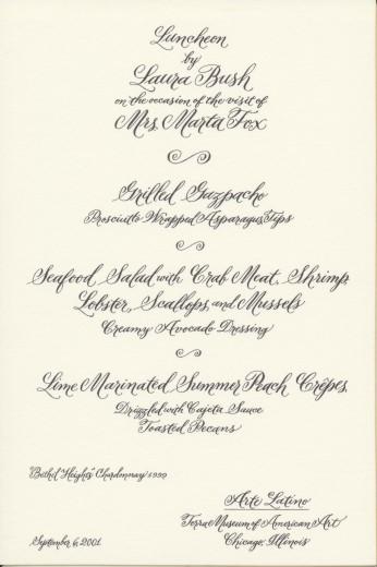 Luncheon menu by Mrs. Laura Bush on the occasion of the visit of Mrs. Marta Fox, September 6, 2001.