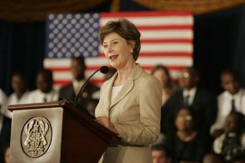 Mrs. Laura Bush addresses an audience at the Accra Teacher Training College in Accra, Ghana, January 17, 2006, to help launch the African Education Textbooks Program.