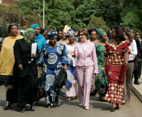 Mrs. Laura Bush Walks with Members of the National Center for Women's Development in Abuja, Nigeria 