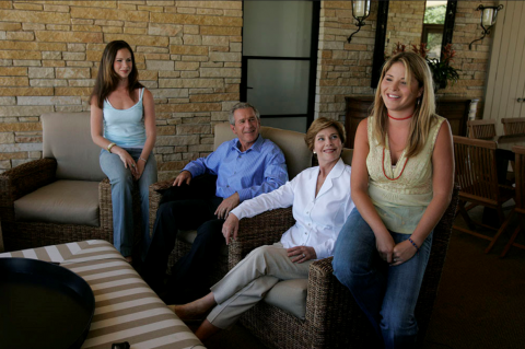 President George W. Bush and Mrs. Laura Bush relaxed with their daughters, Barbara and Jenna, August 24, 2004, during an interview for People Magazine at Prairie Chapel Ranch in Crawford, Texas
