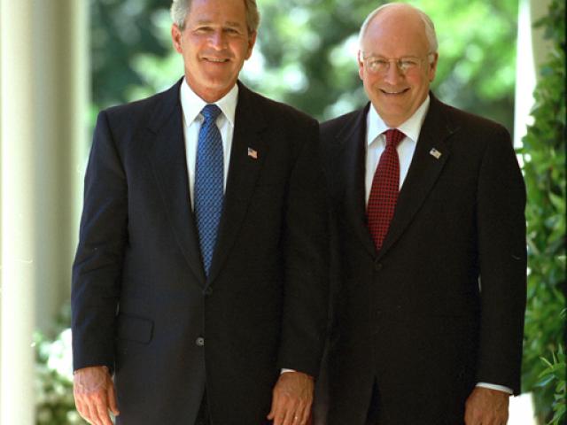 President George W. Bush and Vice President Dick Cheney on the Colonnade outside the Oval Office, July 17, 2003, at the White House. (P32295-19)