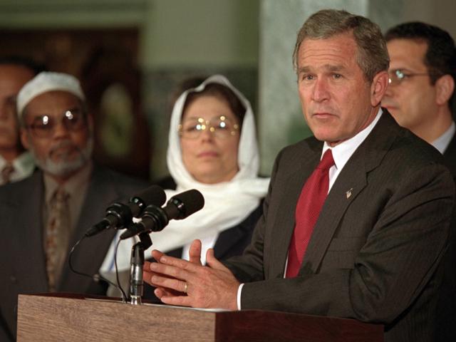 In the wake of the terrorist attacks of September 11, President George W. Bush delivers remarks discouraging anti-Muslim sentiment, September 17, 2001, at the Islamic Center of Washington, D.C. (P7454-11)