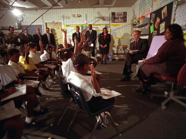 President George W. Bush participates in a reading demonstration the morning of September 11, 2001, at Emma E. Booker Elementary School in Sarasota, Florida. (P7060-19A)