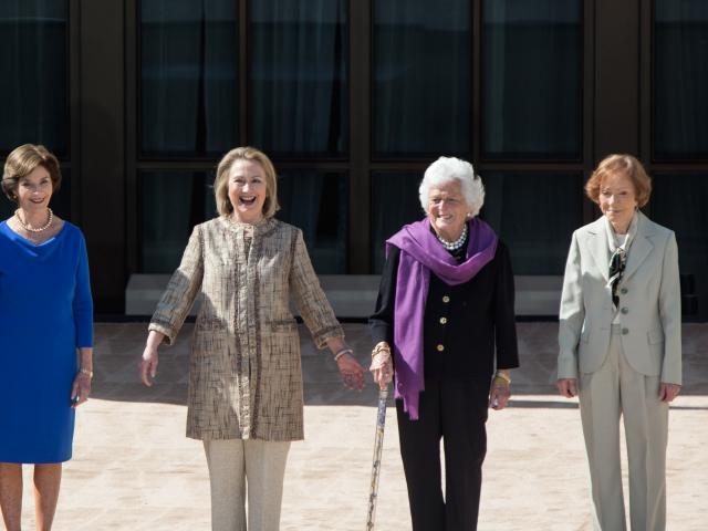 First Lady Michelle Obama with First Ladies Laura Bush, Hillary Rodham Clinton, Barbara Bush, and Rosalynn Carter at the Dedication of the George W. Bush Presidential Library and Museum, April 25, 2013.