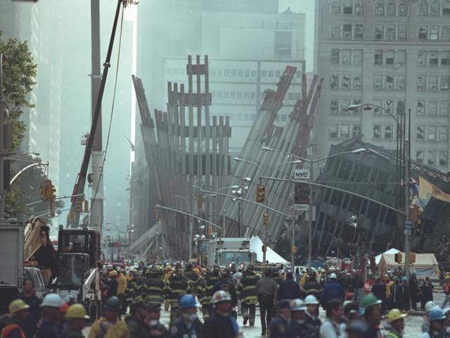 Photograph of destruction at Ground Zero on September 14, 2001.