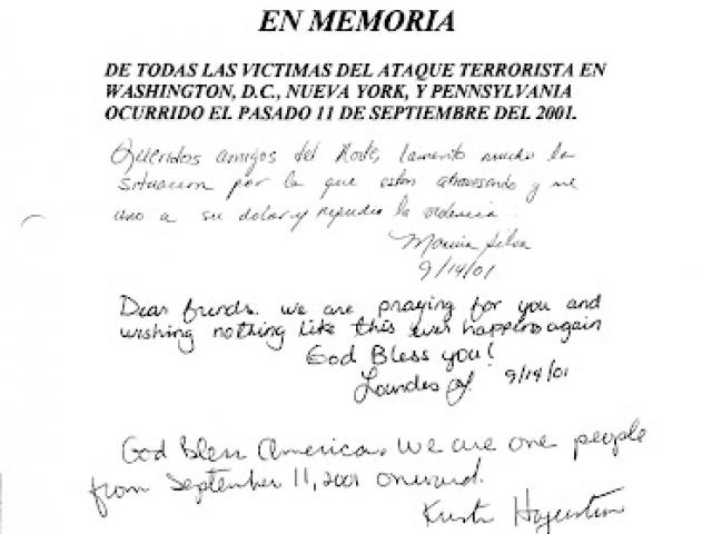 The first page from the condolence book presented by the citizens of Mexico; “we are one people from September 11, 2001 onward.”
