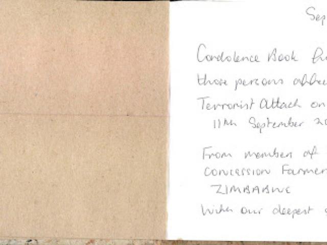 This condolence book is handmade from cloth and recycled paper presented by the Mazowe Concession Farmers’ Association, the Republic of Zimbabwe.