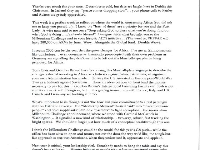 Dated December 29, 2004, letter from U2 singer, Bono, to President George W. Bush regarding HIV/AIDS relief in Africa. (Page 1 of 2)